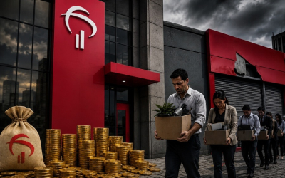 Imagem feita por inteligência artificial mostra trabalhadores demitidos em fila indiana passando em frente em uma agência fechada e a um prédio com o logo do bradesco e uma pilha de dinheiro na fachada