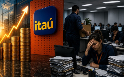 Imagem composta de um gráficio indicando alta ao lado de um logo do itaú. do outro lado uma bancária com a mão na cabeça e semblante preocupado, um homem de costas segurando uma caixa de papelão, simbolizando que foi demitido. ao fundo, uma sala lotada 
