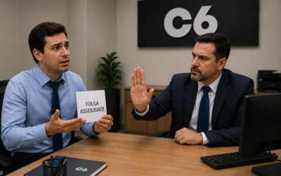 Imagem feita por inteligência artificial mostra dois homens vestidos de roupa social, em volta de uma mesa. um deles segura um papel onde se lê "folga assiduidade" enquanto o outro está com  mão levantada na altura do ombro, em sinal de negação