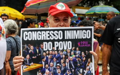 Imagem mostra mulher segurando um cartaz onde se lê "congresso inimigo do povo"