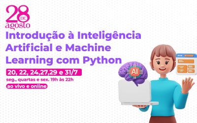 Imagem em desenho de uma mulher segurando um cérebro ao lado do texto IA e Machine Learning com Python