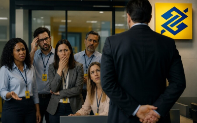 Imagem feita por inteligência artificial mostra trabalhadores olhando com reprovação para um homem de costas, braços para trás e terno e gravata. no canto superior direito há o logo do banco do brasil
