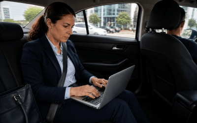 IMagem de uma mulher, vestida como bancária, sentada no banco de trás de um carro, trabalhando em um copmputador