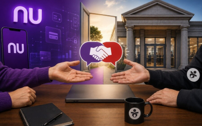 Imagem feita por inteligência artificial  mostra duas pessoas sentadas frente a frente em uma mesa. ao fundo, elementos que remetem ao Nubank como fintech e um prédio semelhante a um banco