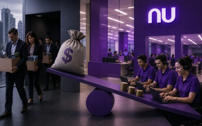 Imagem mostra uma uma gangorra com trabalhadores na posição mais baixa e um saco de dinheiro na posição mais alta, em frente a uma fachada com um logo do nubank. no lado esquerdo há uma fila de trabalhadores com caixas nas mãos