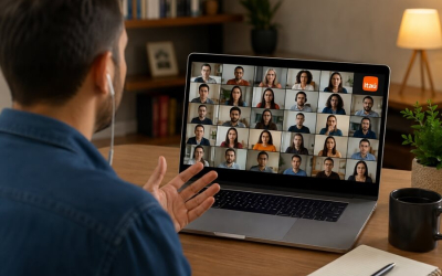 Imagem feita por Inteligência Artificial mostra uma pessoa participando de uma reunião virtual