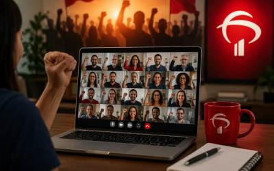 Imagem mostra uma plenária virtual de trabalhadores do Bradesco, destacando união, participação e mobilização coletiva, com a identidade visual do banco.