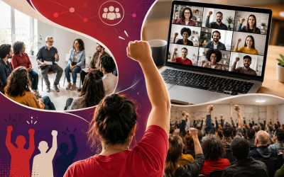 Imagem mostra trabalhadores reunidos em plenária presencial e um notebook cuja tela projeta uma reunião virtual