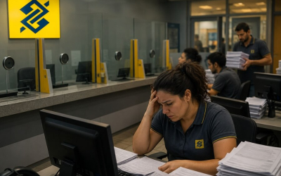 Imagem mostra guichês de caixas de agência bancária fechada. em frente, uma bancária com a mão na testa, cabeça baixa e olhar preocupado está sentada em frente a um computador