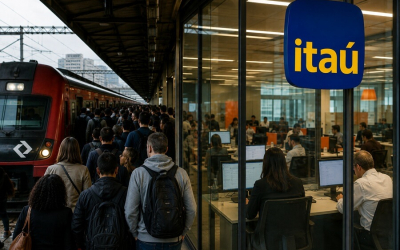 Imagem mostra pessoas em uma plataforma de trens da CPTM lotada e, no lado direito, bancários em um local de trabalho do Itaú
