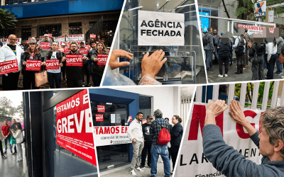 Mosaico com fotos da greve dos empregados da Caixa em diversas regiões de São Paulo e Osasco