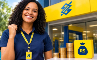 Imagem mostra uma mulher com crachá do banco do brasil comemorando ao lado de um três piilhas de moedas e em frente a uma agência do BB