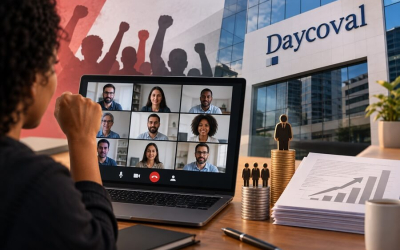 Imagem feita por inteligência artificial composta de uma mulher em frente a um computador pessoal em cuja tela estão projetados vários rostos, simulando uma reunião virtual. ao fundo, silhuetas com punhos erguidos no lado esquerdo e um prédio com uma placa com um logo do banoc Daycoval na sua fachada