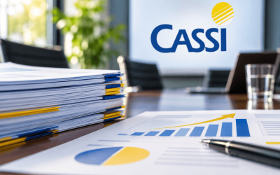Imagem ilustrativa sobre o avanço das negociações da Cassi, com documentos e gráficos financeiros em azul e amarelo sobre uma mesa de reunião. Ao fundo, o logotipo da Cassi representa as discussões sobre a proposta de aporte extraordinário para recomposição das reservas da entidade.
