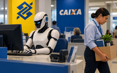 Imagem feita por inteligência artificial mostra um robô sentado em frente a um computador enquanto uma mulher vai embora de cabeça baixa segurando uma caixa com pertences. Ao fundo dois banneres, um amarelo com o logo do banco do brasil e outro azul com o logo da caixa econômica federal