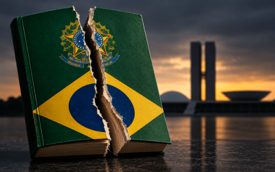 Imagem feita por Inteligência Artificial mostra o livro da Constituição Federal rasgado em primeiro plano e, ao fundo, o prédio do Congresso Nacional sob o entardecer