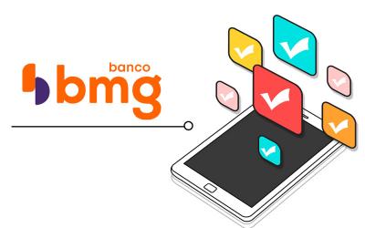 Arte mostra o logo do BMG ao lado de um desenho de um telefone celular. Em cima da sua tela flutuam ícones de diversas cores com o sinal de "aprovado"