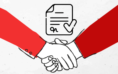Arte com fundo branco mostra no primeiro plano dois praços apertando as mãos e, no meio, um documento, simbolizando o Acordo Coletivo de Trabalho aprovado pelos empregados do Banco Toyota