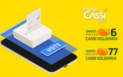 Arte com fundo amarelo composta pelos logos das eleições Cassi 2022 e das chapas 6 e 77, do lado direito e, do lado esquerdo, uma urna sobre um celular, com a palavra "vote"