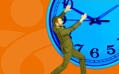 Arte em desenho mostra um homem segurando com as mãos os ponteiros de um relógio gigante. Ao fundo, o logo do Sindicato
