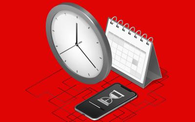 Imagem de um relógio, um calendário e um celular
