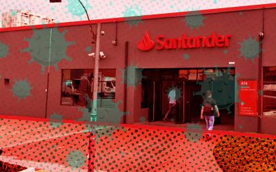 Arte composta por foto da fachada do Radar Santander, com filtro vermelho e concepções de vírus flutuando