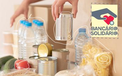 Imagem de uma cesta de alimentos acompanhada do logo da campanha Bancário Solidário