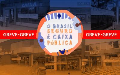 Mosaico de fotos de agência fechadas durante a greve do dia 27 de abril, com o slogan Brasil Seguro é Caixa Pública no meio
