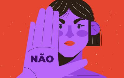 Desenho com mulher mostrando a palma da mão onde se lê "não"