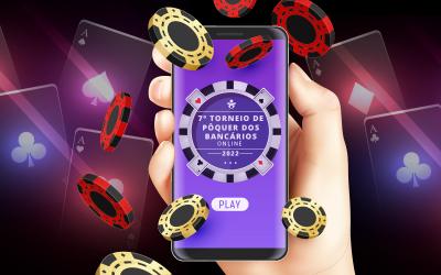 Imagem de um celular com o logo do Torneio de Poker Online do Sindicato dos Bancários