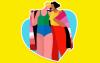 Arte em desenho mostra um casal de lésbicas enrolado na bandeira da visibilidade lésbica, atrás delas, um coração azul e um fundo amarelo