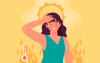 Imagem em desenho mostra uma mulher passando a mão na testa, em sinal de calor, sob o Sol