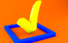 Arte com fundo laranja e, ao centro, um quadrado com bordas azuis e o centro vazado. Dentro dele, um sinal de "check", simbolizando aprovação