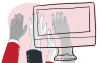 Imagem de mãos levantadas, com o desenho de um monitor em primeiro plano