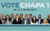 Fotografia da Chapa 1, apoiada pelo Sindicato nas eleições da Previ, acompanhada do texto: "vote chapa 1, de 12 a 26 de abril"