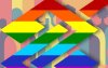 Logo da campanha “LGBTQIA+ Cidadania”, que é a logo do Banco do Brasil reproduzida com o colorido da bandeira LGBTQIA+