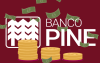 Arte em desenho do logo do banco pine sobreposto a uma pilha de moedas e notas de dinheiro caindo. O fundo da arte é vermelho