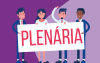 Imagem em desenho composta de quatro pessoas segurando um cartaz onde se lê "plenária"