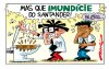 Charge mostra dois bancários em frente a um vaso sanitário entupido. Um deles diz "mas que imundice do santander"