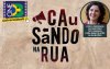 Arte mostra rosto da diretora de cinema Tata Amaral com cabelo curto e preto , num quadro de fundo marrom claro com letras vermelhas e azuis escrito Causando na rua