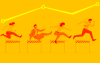 Imagem em desenho mostra pessoas pulando sobre obstáculos, acima delas, um gráfico em linha indicando alta. a imagem tem o fundo laranja