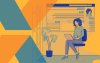 Ilustração de uma mulher usando um notebook, preenchendo um formulário de inscrição