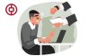 Arte em desenho composta de uma cena de assédio moral em um loca de trabalho (um homem em pé grita com outro sentado em uma mesa). O logo do bank of china aparece no canto superior direito 