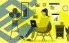 Imagem em desenho composta de uma mulher trabalhando em home-office ao lado de um logo do banco do brasil em tamanho grande