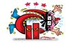 Charge mostra um bancário enrolado em uma estrutura que se assemelha ao logo do Bradedesco