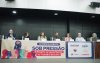 Imagem mostra mesa da audiência pública “Sob Pressão: O Desafio da Saúde Mental no Trabalho Bancário” estão lado a lado na mesa, Patrick Maia Merísio Procurador do Trabalho; Maria Maeno,  médica e pesquisadora da Fundacentro; Neiva Ribeiro, presidenta do Seeb-SP; Luiz Cláudio Marcolino, deputado estadual; Maria Leonor Poço Jakobsen, advogada especialista em direitos humanos; e  Ana Lúcia Ramos, secretária-geral da Fetec-CUT/SP. 