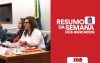 Arte com fundo vermelho e escrito em branco Resumo da Semana mostra Neiva Ribeiro e Vanessa sentadas a mesa durante audiência público sobre fraude no Santander