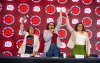 Foto das dirigentes Ana Lúcia Pinto, secretária-geral da Fetec-CUT/SP, Aline Molina, presidenta da Fetec-CUT/SP e Neiva Ribeiro, presidenta do Sindicato