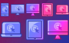 Imagem em desenho composta de várias telas de computador de dispositivos eletrônicos dispostos lado a lado