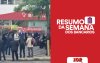 Arte com tela dividida: à esquerda, foto de atividade do Dia Nacional de Luta no Bradesco; à direita, logo do Resumo da Semana